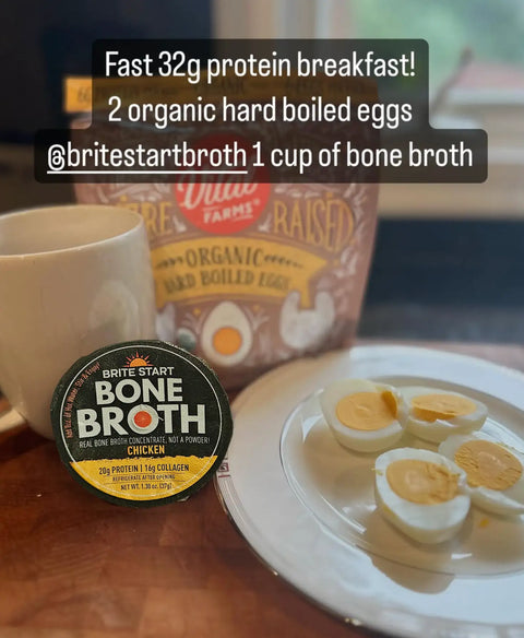 Bone broth cup with yellow label and black text, brite start brand.