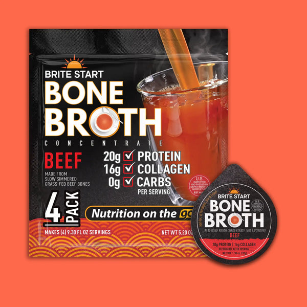 Brite start beef bone broth concentrate 4-pack, black and orange packaging with red accents.