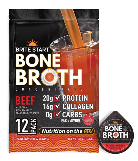 Brite start beef bone broth concentrate in a black and orange pouch with 12 servings, featuring a single individual serving pod beside it.