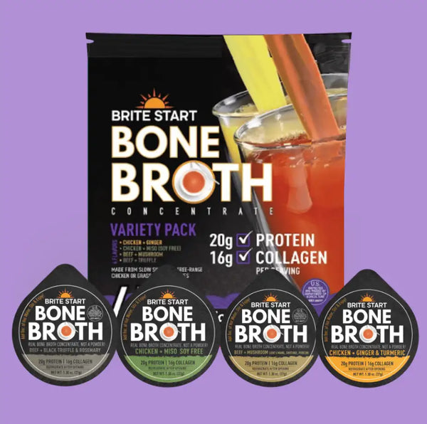 Brite start bone broth concentrate variety pack with four individual flavor pouches in black, green, and orange packaging.