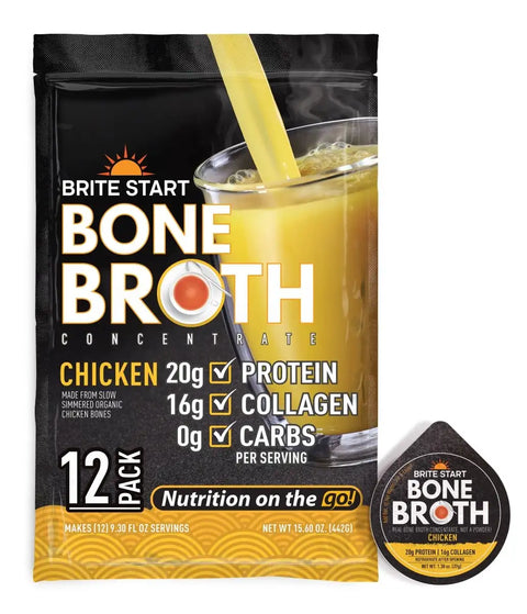 Brite start chicken bone broth concentrate in a black and yellow pouch with 12 servings.