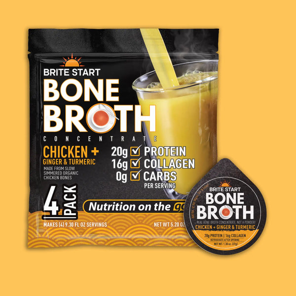 Brite start chicken + ginger & turmeric bone broth concentrate 4-pack.