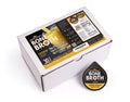 30-pack chicken bone broth cups in a white cardboard box with yellow and black label.