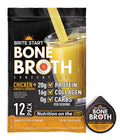 Brite start bone broth concentrate in a black and orange pouch with a 12-pack label, featuring chicken, ginger & turmeric flavor.