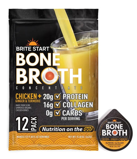 Brite start bone broth concentrate in a black and orange pouch with a 12-pack label, featuring chicken, ginger & turmeric flavor.