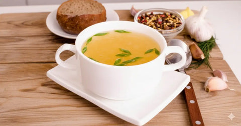 White ceramic soup bowl with green herbs and a spoon inside.